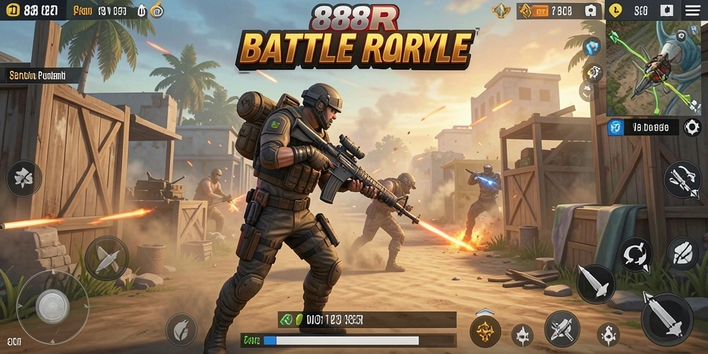 Screenshot utama 888R menampilkan aksi mendebarkan dalam pertarungan Battle Royale.