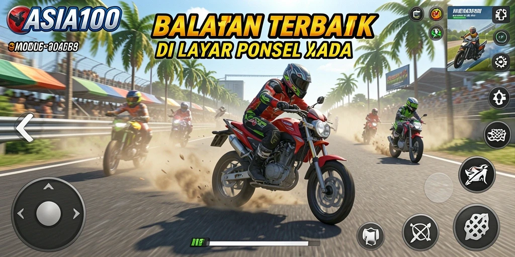 Screenshot gameplay ASIA100 menampilkan aksi balapan motor yang menegangkan.