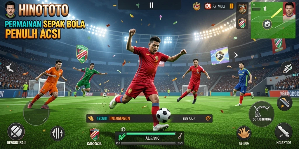 Screenshot gameplay HINOTOTO menunjukkan aksi sepak bola yang mendebarkan.