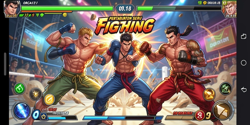 Screenshot gameplay ORCA128 menunjukkan pertarungan yang intens dan karakter yang dinamis.